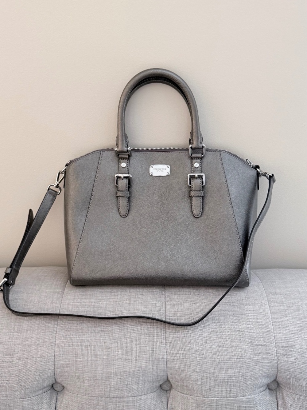 Michael Kors Ciara Medium Saffiano Leather Satchel – Metallic Gray / Gunmetal